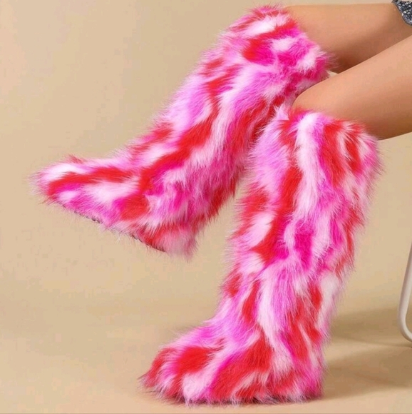 Winter Fluffy Lining High-Top Warm Snow Boots, Round Toe Faux Fox Fur Tall Boot - Picture 2 of 5